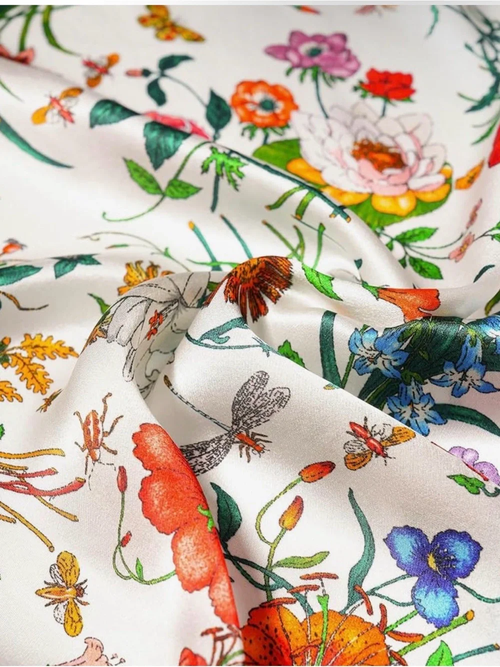 Floral Print Silk-Like Square Scarf in White with Multicolor Blooms